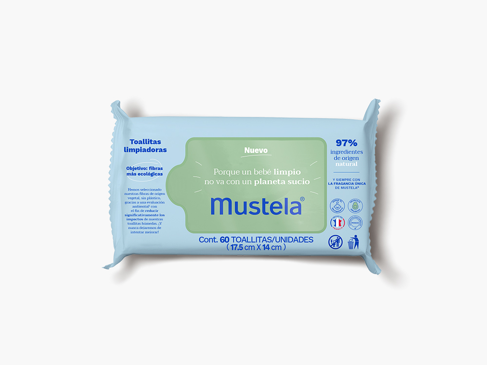  Mustela Toallitas limpiadoras para bebés con aguacate natural,  para cara, cuerpo y área de pañales, hechas con fibras compostables y  libres de plástico, ligeramente perfumadas, 60 unidades (paquete de 1) 